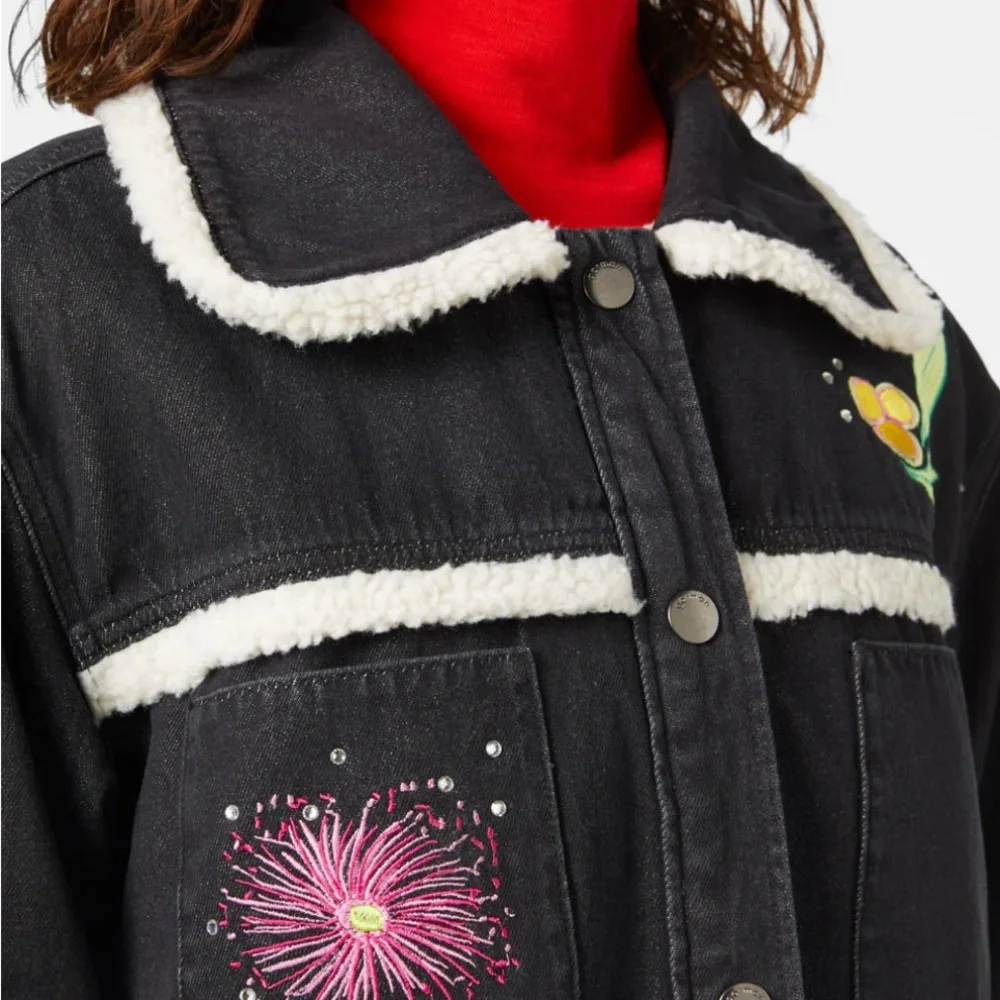 Gorman Black Denim Sherpa Lined Jacket with Floral Embroidery - Picture 3 of 7